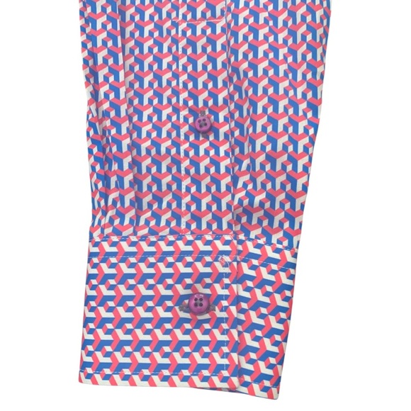 NWT COTON DOUX Paris Geo Print Button Front Shirt Cotton Poplin Pink Navy Blue - Picture 10 of 15